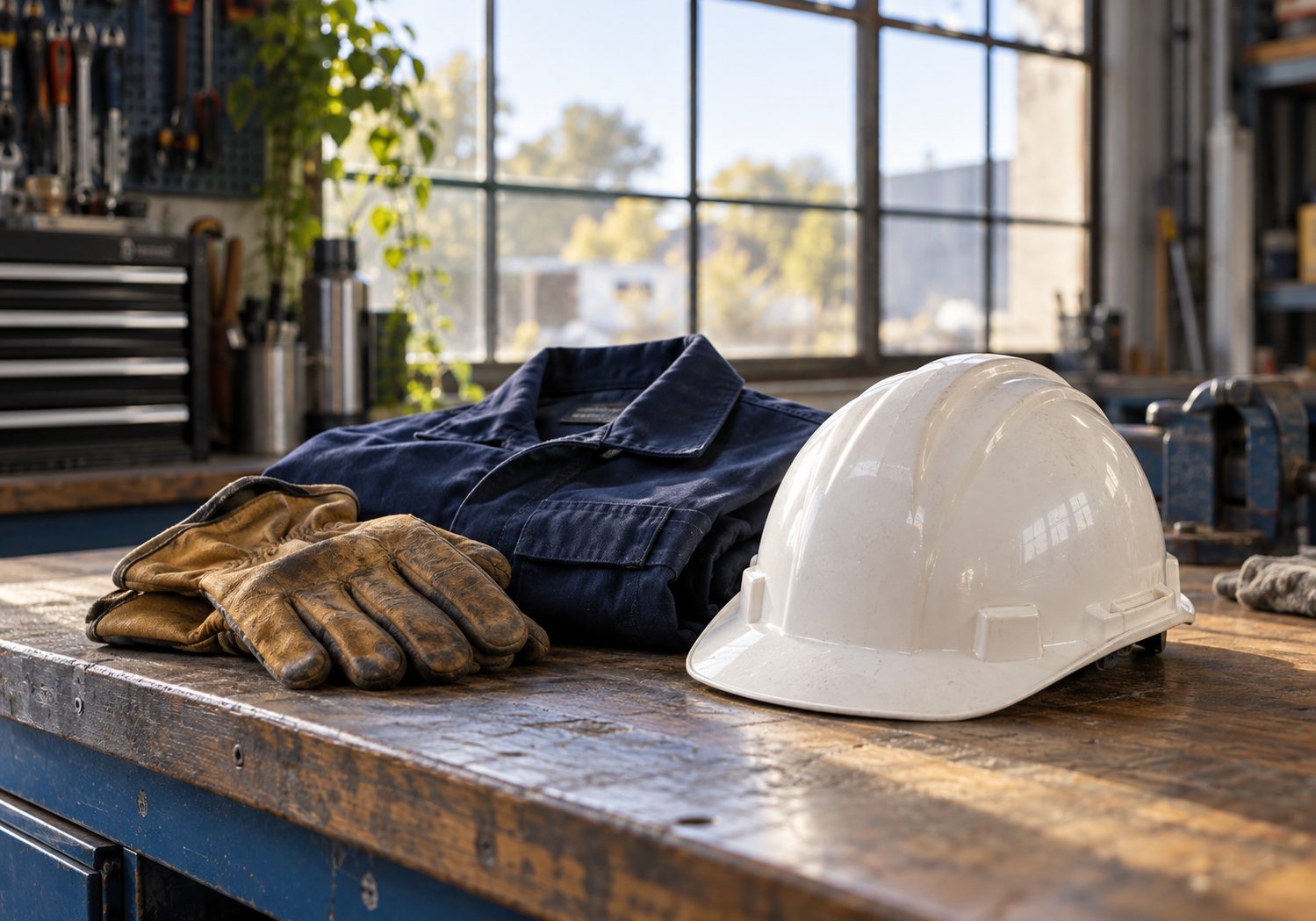 Illustration of a workbench at the end of a shift, with a safety helmet, a folded work jacket and a pair of leather gloves.